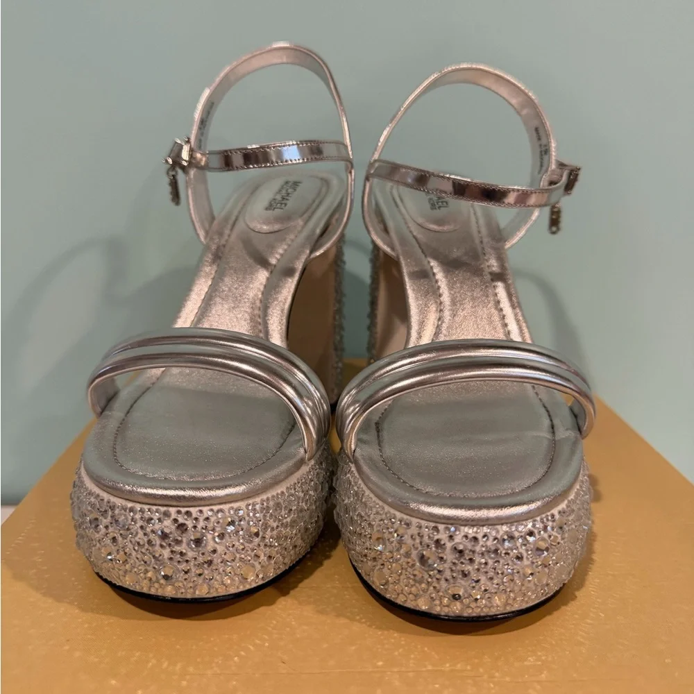 Michael Kors Silver Platform Sandals with Crystal Embellished Heels